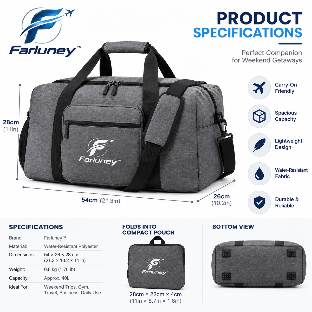 Farluney™ FoldAway Travel Bag – Lightweight Expandable Folding Duffel Bag for Trips, Storage, Gym & Everyday Carry