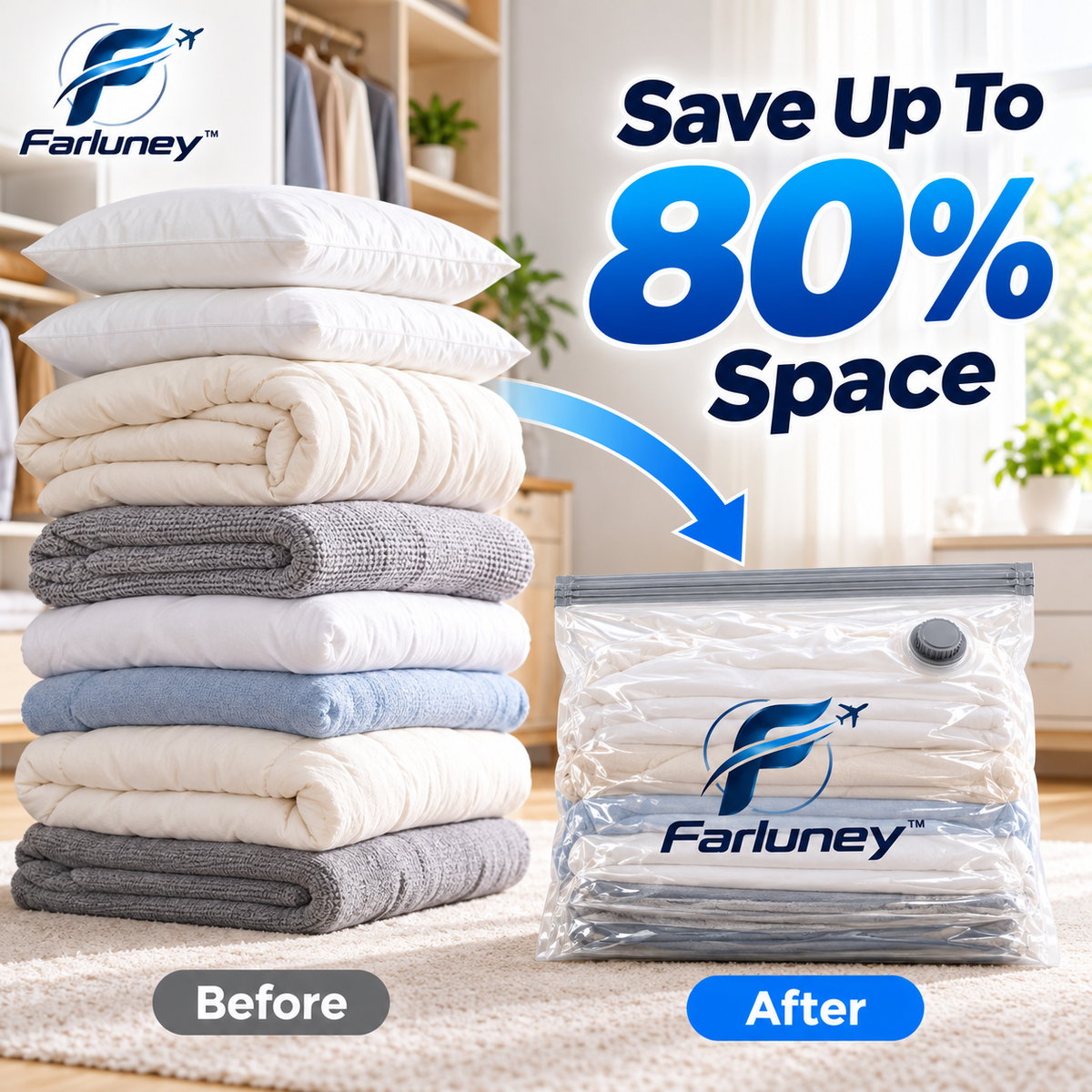 Farluney™ SpaceSaver Compression Bags – Vacuum Storage Bags for Travel Packing, Clothing Organization & Space-Saving Storage