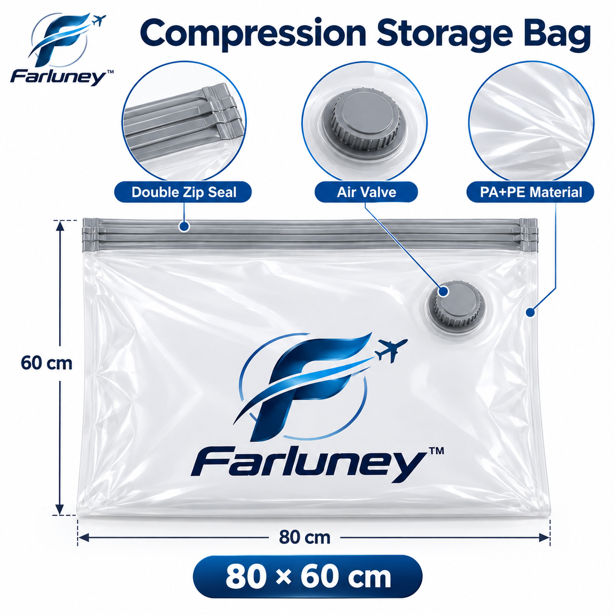 Farluney™ SpaceSaver Compression Bags – Vacuum Storage Bags for Travel Packing, Clothing Organization & Space-Saving Storage
