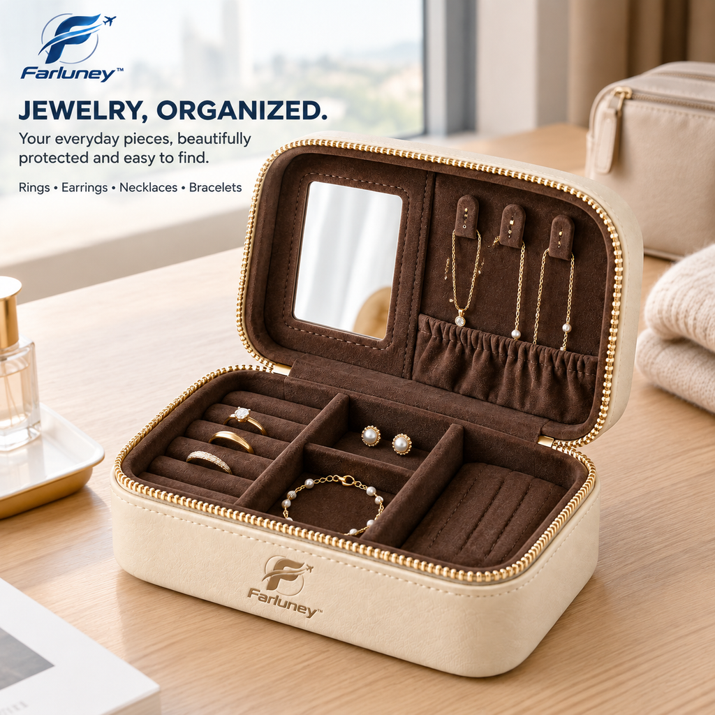 Farluney™ JewelryMate Travel Case – Compact Jewelry Organizer Box for Rings, Earrings, Necklaces & Everyday Accessories